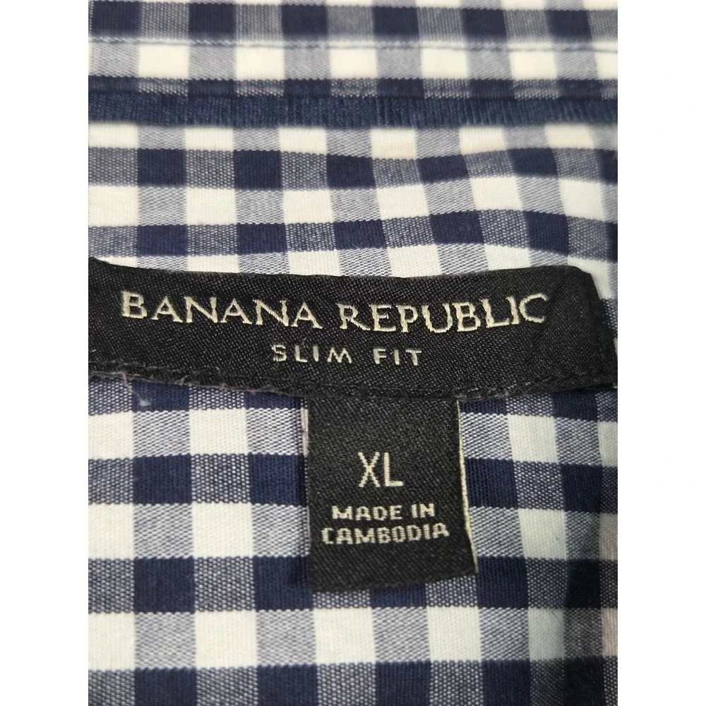 Banana Republic Button Up Mens XL Blue Gingham Slim Fit Stretch Long Sleeve
